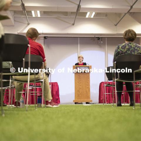 Sue Sheridan, director of Nebraska Center for Research on Children, Youth, Families and Schools addresses the Research Media Day in Nebraska Athletic Performance Lab in east stadium. April 8, 2019. Photo by Craig Chandler / University Communication.