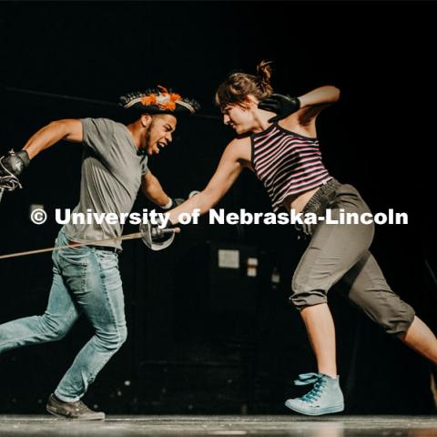 Students take to the stage with a stage combat class, which takes place at the Johnny Carson School of Theater and Film. The class is designed to teach student actors safe and effective depictions of violence for stage and screen. April 8, 2019. Photo by Justin Mohling / University Communication.