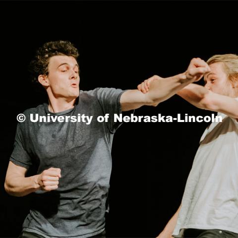 Students take to the stage with a stage combat class, which takes place at the Johnny Carson School of Theater and Film. The class is designed to teach student actors safe and effective depictions of violence for stage and screen. April 8, 2019. Photo by Justin Mohling / University Communication.