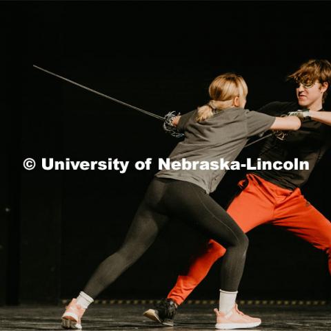 Students take to the stage with a stage combat class, which takes place at the Johnny Carson School of Theater and Film. The class is designed to teach student actors safe and effective depictions of violence for stage and screen. April 8, 2019. Photo by Justin Mohling / University Communication.
