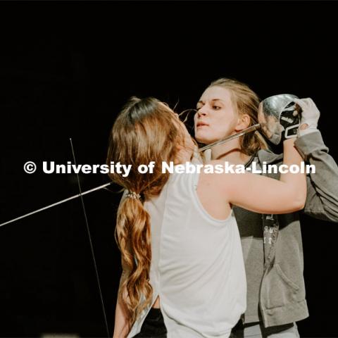 Students take to the stage with a stage combat class, which takes place at the Johnny Carson School of Theater and Film. The class is designed to teach student actors safe and effective depictions of violence for stage and screen. April 8, 2019. Photo by Justin Mohling / University Communication.