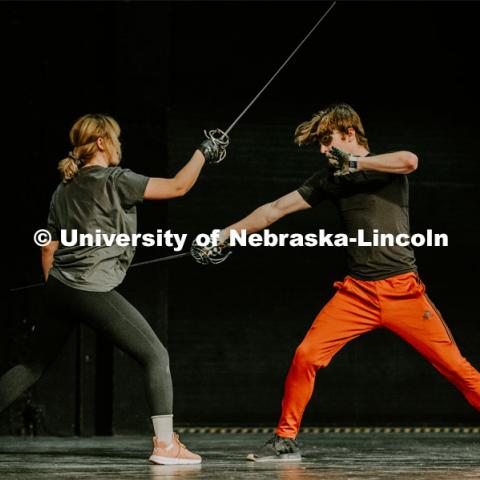 Students take to the stage with a stage combat class, which takes place at the Johnny Carson School of Theater and Film. The class is designed to teach student actors safe and effective depictions of violence for stage and screen. April 8, 2019. Photo by Justin Mohling / University Communication.