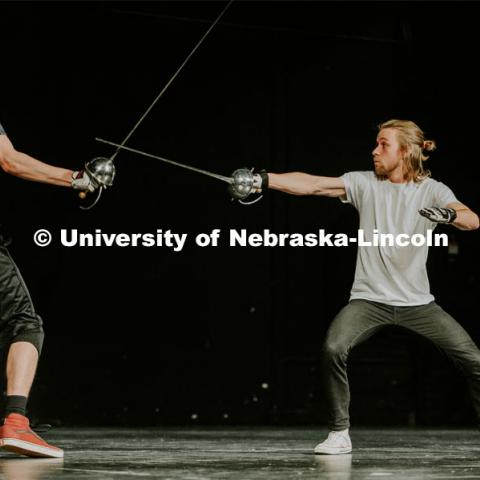 Students take to the stage with a stage combat class, which takes place at the Johnny Carson School of Theater and Film. The class is designed to teach student actors safe and effective depictions of violence for stage and screen. April 8, 2019. Photo by Justin Mohling / University Communication.