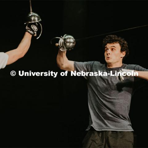 Students take to the stage with a stage combat class, which takes place at the Johnny Carson School of Theater and Film. The class is designed to teach student actors safe and effective depictions of violence for stage and screen. April 8, 2019. Photo by Justin Mohling / University Communication.