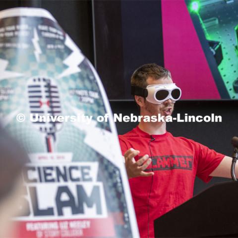 Science Slam performer Dan Haden describes his work with the Extreme Light Laboratory. Nebraska’s fourth annual Science Slam held at Wick Alumni Center. April 9 2019. Photo by Craig Chandler / University Communication.