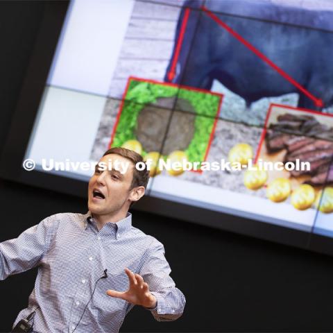 Agustín Olivo, a native of Argentina and graduate student in biological systems engineering, discusses why steak isn't the only valuable resource that comes from cattle. Nebraska’s fourth annual Science Slam held at Wick Alumni Center. April 9 2019. Photo by Craig Chandler / University Communication.