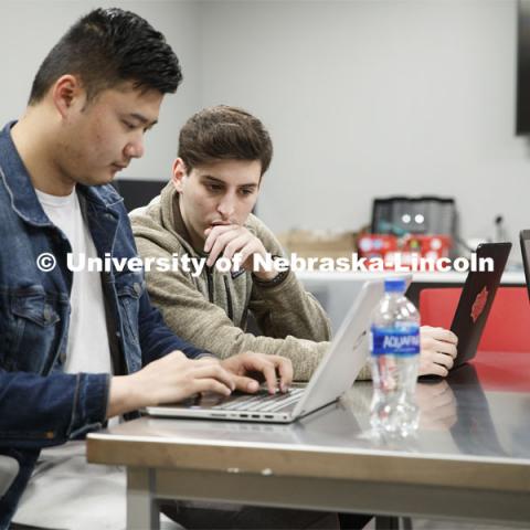 Students work on their Fox Sports U presentations. Taught by Frauke Hachmann. ADPR 491 - Special Topics in Advertising. College of Journalism and Mass Communications classroom photos. April 11 2019. Photo by Craig Chandler / University Communication