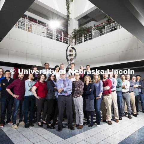 The University of Nebraska–Lincoln’s Department of Biochemistry has received the University of Nebraska’s top honor for excellence in teaching, Universitywide Departmental Teaching Award ( UDTA ). Group photo of the Biochemistry Department. April 15, 2019. Photo by Craig Chandler / University Communication.