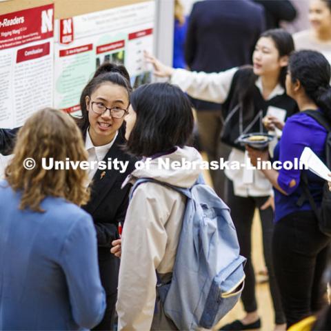 Linneaa Nguyen presents her poster. Undergraduate Spring Research Fair in the Union ballrooms. April 15, 2019. Photo by Craig Chandler / University Communication.