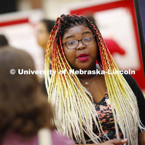 Bianca Swift talks about her research. Undergraduate Spring Research Fair in the Union ballrooms. April 15, 2019. Photo by Craig Chandler / University Communication.