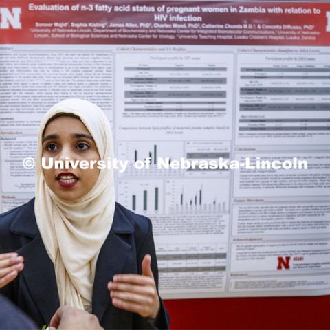 Sonoor Majid discusses her research Monday morning at the Undergraduate Spring Research Fair in the Union ballrooms. April 15, 2019. Photo by Craig Chandler / University Communication.