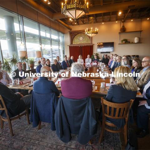 Satya Nadella, the CEO of Microsoft Corporation, is featured in a conversation with Jeff Raikes, co-founder of the Raikes Foundation, at the University of Nebraska–Lincoln. He began the day meeting with 20 tech entrepreneurs and UNL leaders at the Mill on Nebraska Innovation Campus. April 18, 2019. Photo by Craig Chandler / University Communication.