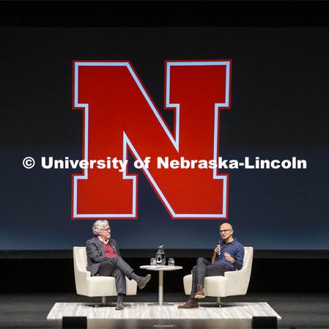 Jeff Raikes, co-founder of the Raikes Foundation, and Satya Nadella, the CEO of Microsoft Corporation, in a conversation on the Lied Center stage. He spoke with students at the Raikes School before and after his conversation on the Lied Center stage. April 18, 2019. Photo by Craig Chandler / University Communication.