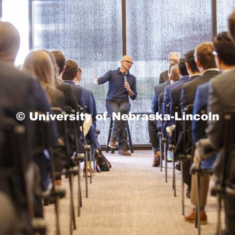 Satya Nadella, the CEO of Microsoft Corporation, and Jeff Raikes, co-founder of the Raikes Foundation, at a question and answer session for Raikes Students following the on-stage conversation. April 18, 2019. Photo by Craig Chandler / University Communication