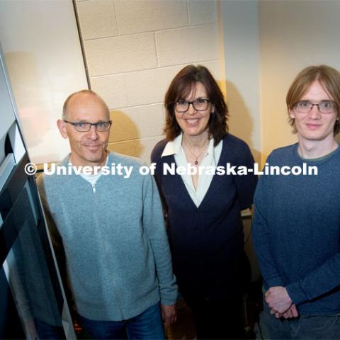 Nebraska engineers (from left) Peter Sutter, Eli Sutter and Shawn Wimer have found advantages to natural imperfections that can emerge when growing nanoscopically thin wires. April 19, 2019. Photo by Greg Nathan / University Communication.