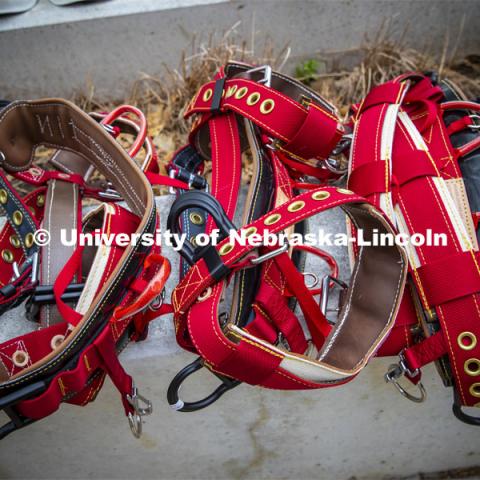 Students in Eric North's NRES 321 - Arboriculture: Maintenance and Selection of Landscape Trees learn to climb on an oak tree behind Hardin Hall Monday afternoon. Pictured; climbing gear. April 22, 2019. Photo by Craig Chandler / University Communication.