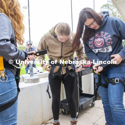 Students in Eric North's NRES 321 - Arboriculture: Maintenance and Selection of Landscape Trees learn to climb on an oak tree behind Hardin Hall Monday afternoon. April 22, 2019. Photo by Craig Chandler / University Communication.