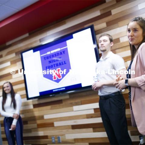 Students in Frauke Hachtmann's ADPR 491 - Special Topics in Advertising course give their FOX Sports University presentations for Thursday Night Football on FOX Deportes to a client group from FOX. April 25, 2019. Photo by Craig Chandler / University Communication.