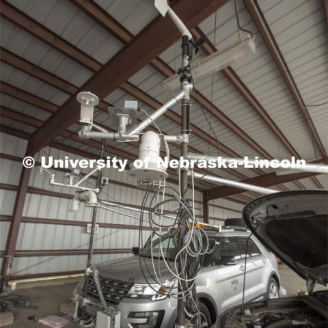 The instrument cluster mounted on the front of Nebraska storm chase vehicles include devices that record data on wind vectors, air temperature, humidity and air pressure. All data collected is stored on hard drives within the vehicles and saved for study at a later date. April 26, 2019. Photo by Troy Fedderson / University Communication