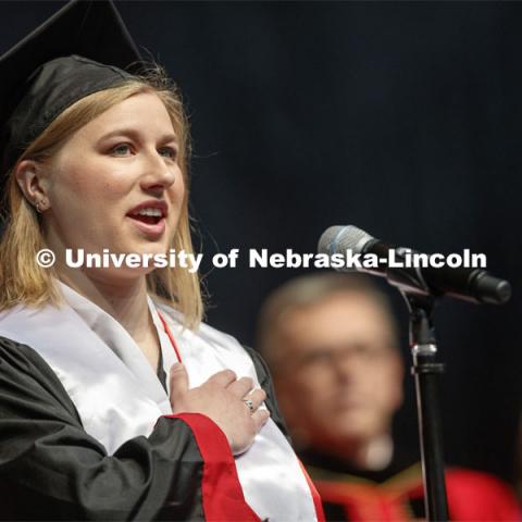 Abigail Kurth performs the national anthem at the morning ceremony. Undergraduate commencement at Pinnacle Bank Arena, May 4, 2019. Photo by Craig Chandler / University Communication.