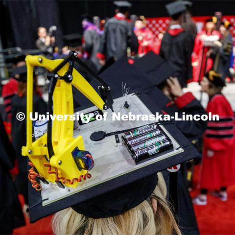 Rosemary Hernandez made a robotic mortar board to celebrate her degree in Mechanized Systems Management. Undergraduate commencement at Pinnacle Bank Arena, May 4, 2019. Photo by Craig Chandler / University Communication.