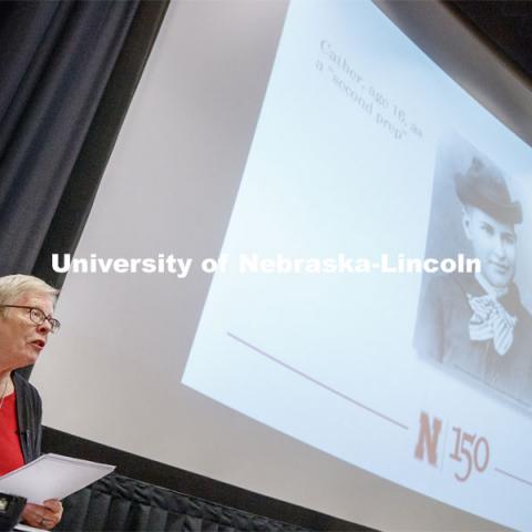 Kari Ronning explores the student experience through the novelist’s lens during the fifth talk in the 2019 Nebraska Lectures: Chancellor’s Distinguished Speaker Series. Kari Ronning presented “Willa Cather on Campus.” Ronning is a Research Associate Professor of English and the Editor of the Willa Cather Scholarly Edition. May 7, 2019. Photo by Craig Chandler / University Communication.