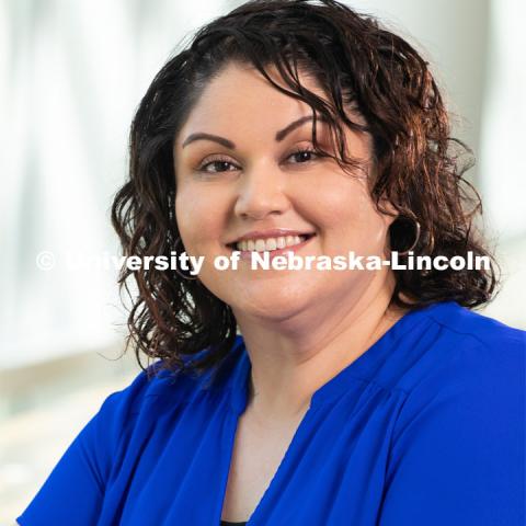 Studio portrait of Belinda Hinojos, Psychologist at CAPS (Counseling and Psychological Services. May 30, 2019. Photo by Greg Nathan / University Communication.