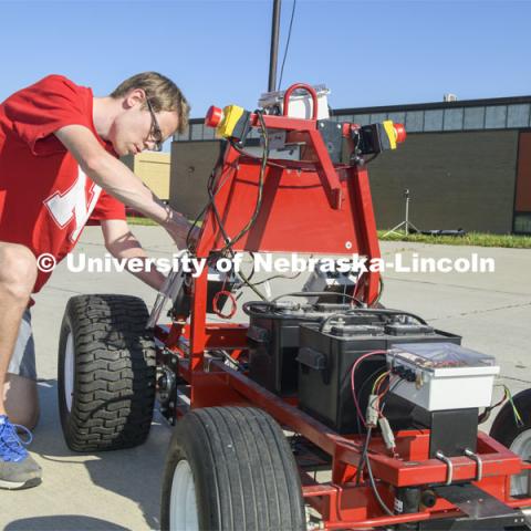 Ryan Humphrey is an engineering grad student who works with Santosh Pitla researching driverless robotic vehicles. June 10, 2019. Photo by Gregory Nathan / University Communication.