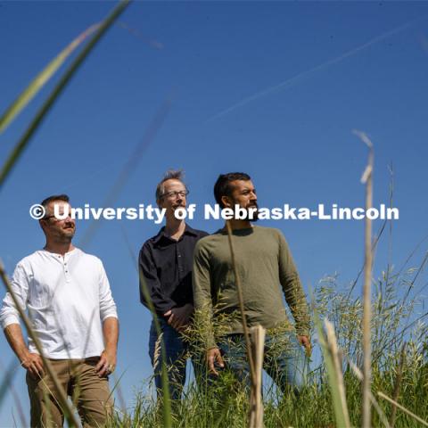 University of Nebraska-Lincoln researchers (green shirt) Caleb Roberts, (black shirt) Craig Allen and (white shirt) Dirac Twidwell have found evidence that multiple ecosystems in the U.S. Great Plains have moved substantially northward during the past 50 years due to warmer climates. June 13, 2019. Photo by Craig Chandler / University Communication.
