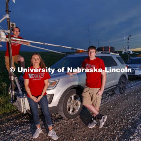 Students with the storm chaser car. Adam Houston, Professor of Earth and Atmospheric Sciences, led TORUS project — the most ambitious drone-based investigation of severe storms and tornadoes ever conducted — chased supercells for more than 9,000 miles across five states this summer. The project, led by Nebraska's Adam Houston, features more than 50 scientists and students from four universities. The 2019 team included 13 Huskers — 10 undergraduates and three graduate students. The $2.5 million study is funded through a $2.4 million, three-year grant from the National Science Foundation with additional support provided by the National Oceanic and Atmospheric Administration. June 25, 2019. Photo by Craig Chandler / University Communication.