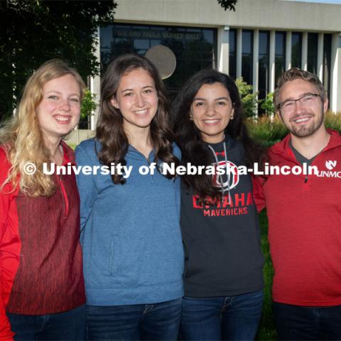 Emily Johnson, Nicole Kent, Aya Yousuf, Keith Ozanne, Student Regents pose outside of Varner Hall on East Campus. June 28, 2019. Photo by Greg Nathan / University Communication.