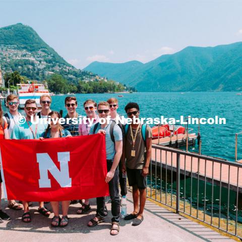 Husker group in front of Lake Lugano, Switzerland. Dr. Peter Ecklund tours with the Midwest American Honor Choir through Italy and Germany during the summer of 2019. June 29, 2019. Photo by Justin Mohling / University Communication.