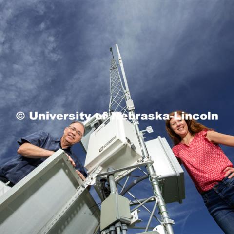 Michael Hayes, drought specialist, climatologist and professor in the School of Natural Resources, and Martha Shulski, Nebraska State Climatologist, director of the Nebraska State Climate Office and associate professor for the School of Natural Resourcesat the University of Nebraska– Lincoln. Nebraska climate research. Photo for the 2019 publication of the Strategic Discussions for Nebraska magazine. July 1, 2019, Photo by Gregory Nathan / University Communication.