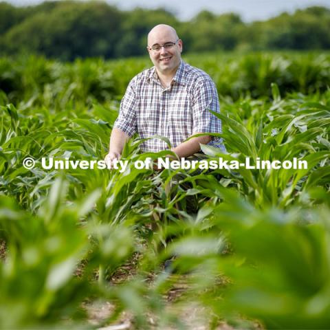 James Schnable, Assistant Professor of Agronomy and Horticulture, is sequencing crop DNA in corn to make it adapt to more specific climates. Photo used for 2018-2019 Annual Report on Research at Nebraska. July 2, 2019. Photo by Craig Chandler / University Communication.