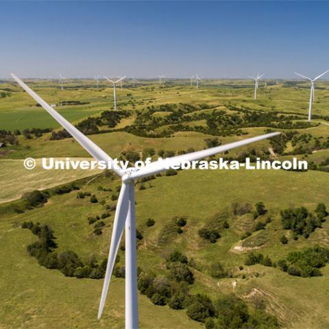 Wind turbines in the Sandhills 3 miles north of Berwyn, NE along Highway 70. July 11, 2019. Photo by Craig Chandler / University Communication.