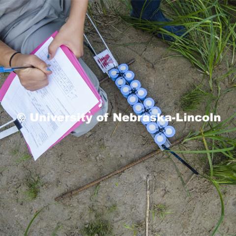 Sydney Kimnach, sophomore in environmental studies and fisheries and wildlife management, records data for her research project before wading into the Niobrara. She places a collection of filter plates each saturated with elements, such as potassium, to see if the algae are attracted to various nutrients. Her multiple sites also allow her to research if algae in different areas of the river seek out different nutrients. Jessica Corman, assistant professor in the School of Natural Resources, UCARE research group researching algae in the Niobrara River. Fort Niobrara National Wildlife Refuge. July 12, 2019. Photo by Craig Chandler / University Communication.