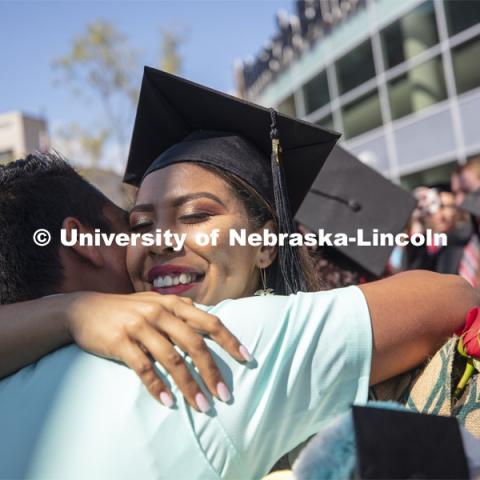 Lincy Gabriela Meraz Menocal is surrounded by family and friends following commencement. 2019 Summer Commencement at Pinnacle Bank Arena. August 17, 2019. Photo by Craig Chandler / University Communication.