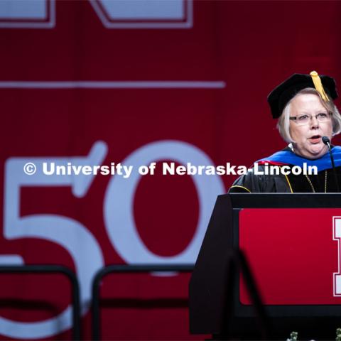 Interim President of the University of Nebraska Susan Fritz gives the commencement speech. 2019 Summer Commencement at Pinnacle Bank Arena. August 17, 2019. Photo by Craig Chandler / University Communication.
