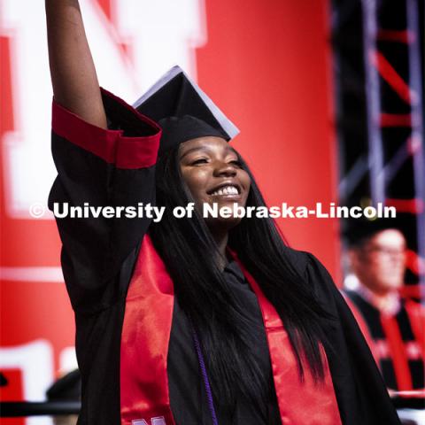Paska Juma celebrates her arts and sciences degree. 2019 Summer Commencement at Pinnacle Bank Arena. August 17, 2019. Photo by Craig Chandler / University Communication.
