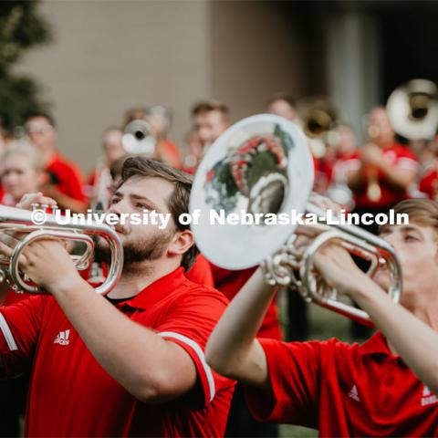 Big Red Welcome week featured the Cornhusker Marching Band Exhibition where they showed highlights of what the band has been working on during their pre-season Band Camp, including their famous “drill down”. August 23, 2019. Photo by Justin Mohling / University Communication.