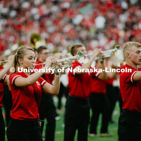 Big Red Welcome week featured the Cornhusker Marching Band Exhibition where they showed highlights of what the band has been working on during their pre-season Band Camp, including their famous “drill down”. August 23, 2019. Photo by Justin Mohling / University Communication.