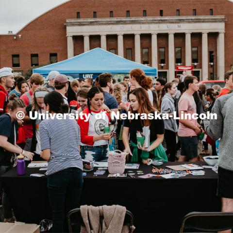 Students getting involved with an RSO. Students had the opportunity to engage with more than 350 booths hosted by local business, student organizations and clubs, UNL departments and more at the Big Red Welcome Street Festival. There were free food, prizes, and giveaways. August 24, 2019. Photo by Justin Mohling / University Communication.