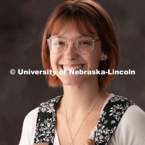 Studio portrait of Macy Behrens, junior graphic design major. Student worker for University Communication. August 28, 2019. Photo by Greg Nathan / University Communication.