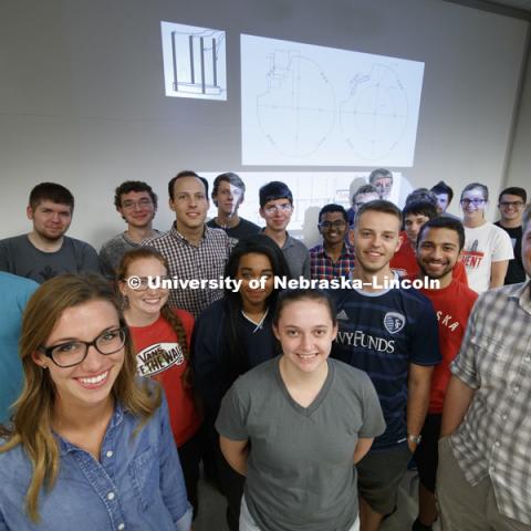 Engineering students are designing an extendable arm and solar panel for a satellite for a NASA contest. August 30, 2016. Photo by Craig Chandler / University Communication Photography.