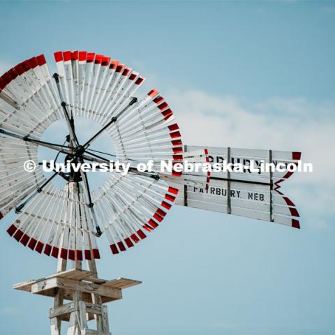 Fairbury Windmill at the Nebraska State Fair. The University of Nebraska represents and celebrates their 150th year anniversary at the Nebraska State Fair in Grand Island, Nebraska. August 1, 2019. Photo by Justin Mohling for University Communication.