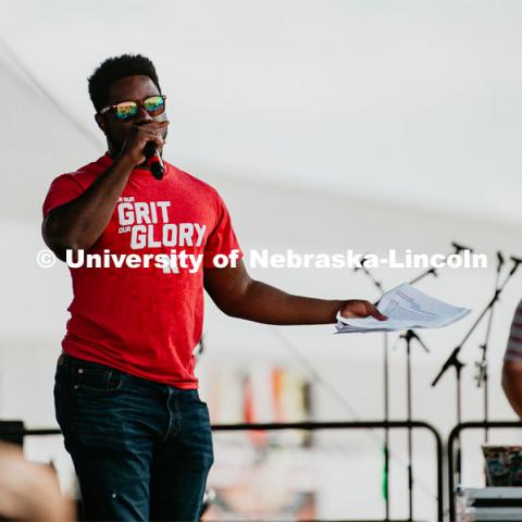 D-Wayne introduces pep rally people at the Nebraska State Fair.  The University of Nebraska represents and celebrates their 150th year anniversary at the Nebraska State Fair in Grand Island, Nebraska. August 1, 2019. Photo by Justin Mohling for University Communication.