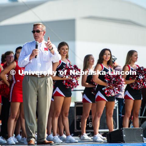 Chancellor Ronnie Green addressing the people at the Nebraska State Fair. The University of Nebraska represents and celebrates their 150th year anniversary at the Nebraska State Fair in Grand Island, Nebraska. August 1, 2019. Photo by Justin Mohling for University Communication.