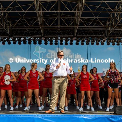 Chancellor Ronnie Green addressing the people at the Nebraska State Fair. The University of Nebraska represents and celebrates their 150th year anniversary at the Nebraska State Fair in Grand Island, Nebraska. August 1, 2019. Photo by Justin Mohling for University Communication.