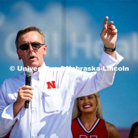 Chancellor Ronnie Green addressing the people at the Nebraska State Fair. The University of Nebraska represents and celebrates their 150th year anniversary at the Nebraska State Fair in Grand Island, Nebraska. August 1, 2019. Photo by Justin Mohling for University Communication.