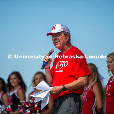 Charles Hibberd, Dean for Cooperative Extension Division, addresses the crowd about the land grant contributors. The University of Nebraska represents and celebrates their 150th year anniversary at the Nebraska State Fair in Grand Island, Nebraska. August 1, 2019. Photo by Justin Mohling for University Communication.